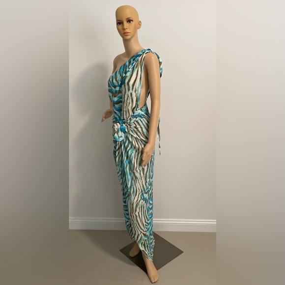 Zebra Print Blue Multicolor One Shoulder Statement Wrap Fashion Dress - Picture 8 of 13
